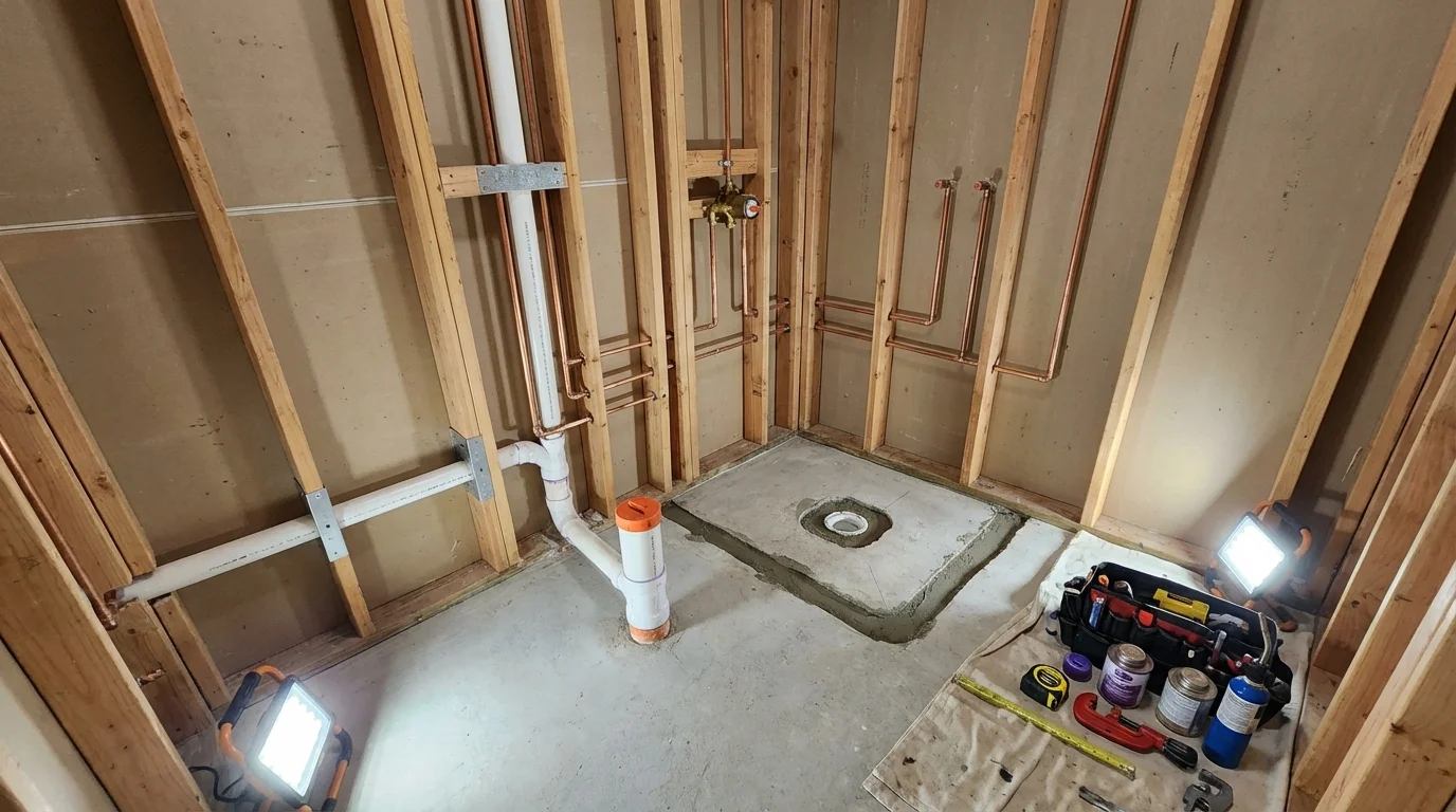 Bathroom rough-in plumbing during remodel by Johns Plumbing LLC in Bentonville
