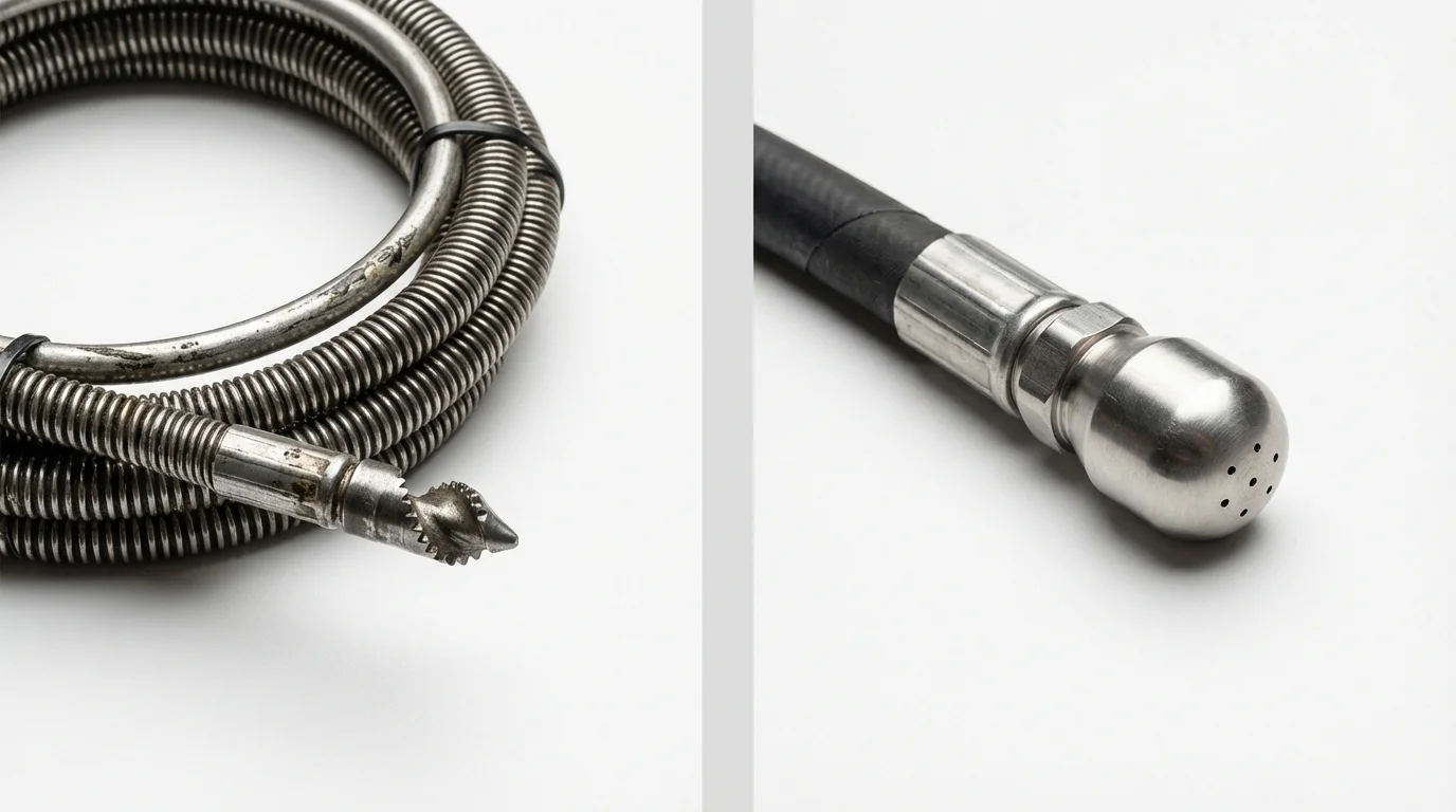 Drain snake cable and hydro jetting nozzle used for drain cleaning in Bentonville, AR