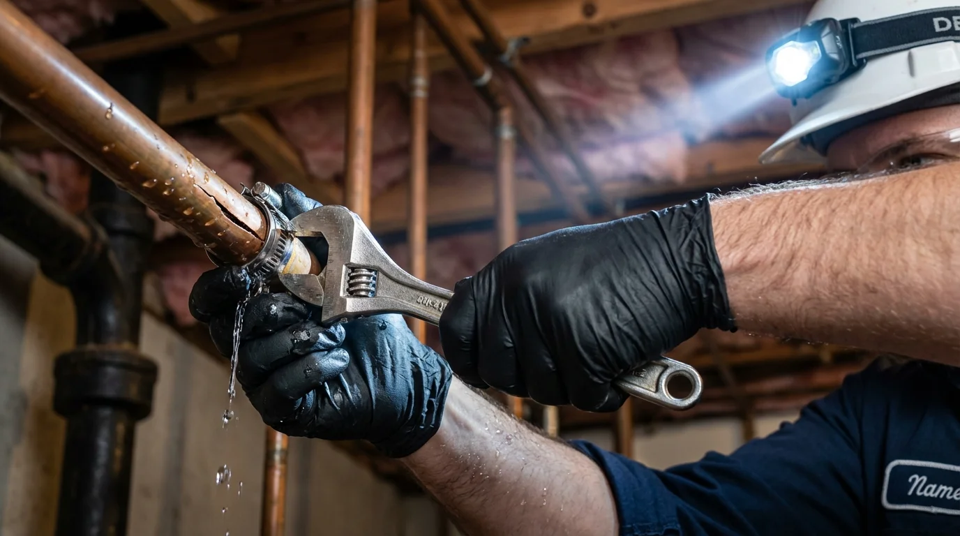 Emergency pipe clamp repair being performed by a Johns Plumbing LLC plumber in Bentonville