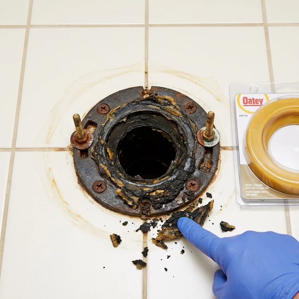 Failed wax ring showing water seepage at the base of a toilet in a Bentonville, AR home