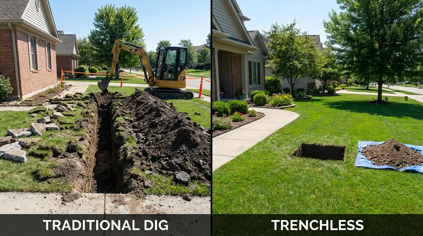 Trenchless sewer repair with minimal yard damage versus traditional excavation in Bentonville, AR