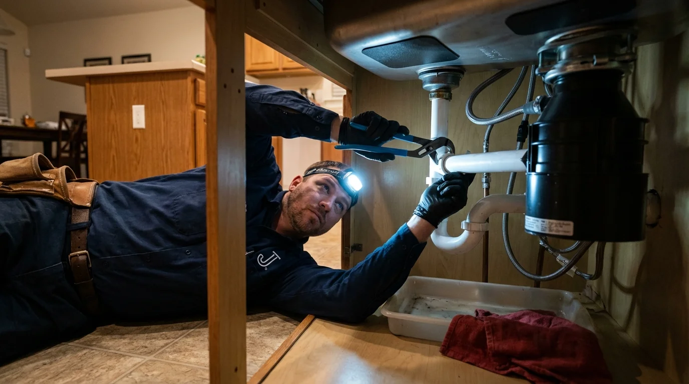 P-trap and supply line connections under a kitchen sink showing a common leak point in Bentonville, AR